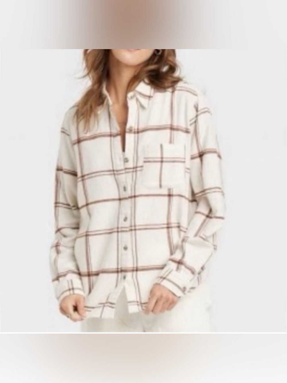 Universal Thread Oversized Cream and Brown Plaid Button-Down Shacket